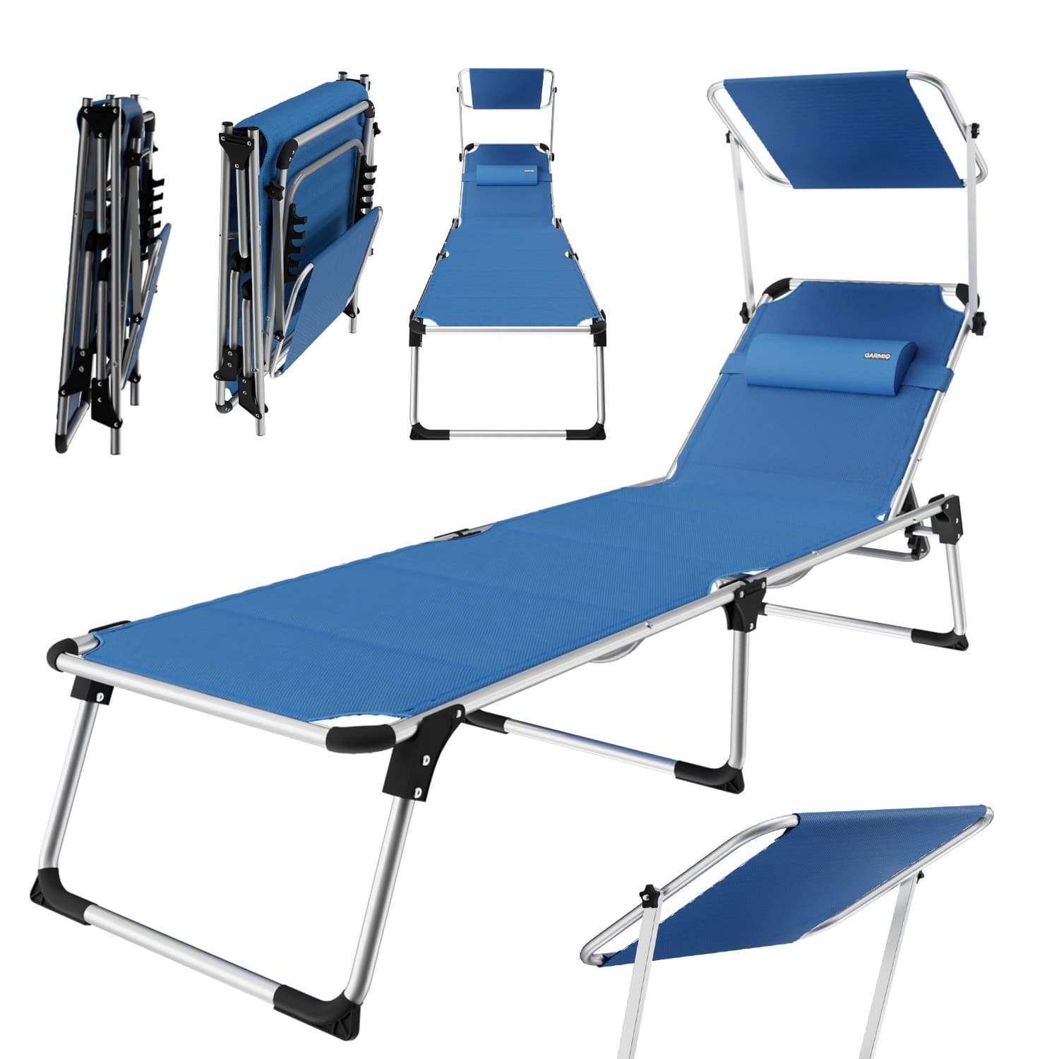 GARMIO® Liegestuhl PALMAS Blau – klappbar mit Sonnendach & Kopfkissen
